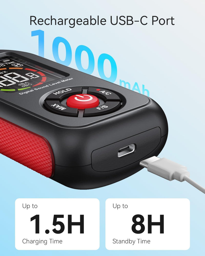 Decibel Meter, Sound & Noise Decibel Level Reader Monitor, SPL Meter 30dB to 130dB(A) with Record, Visual Alarm, A/C Weighted, Rechargeable for Home, Classroom GT1355
