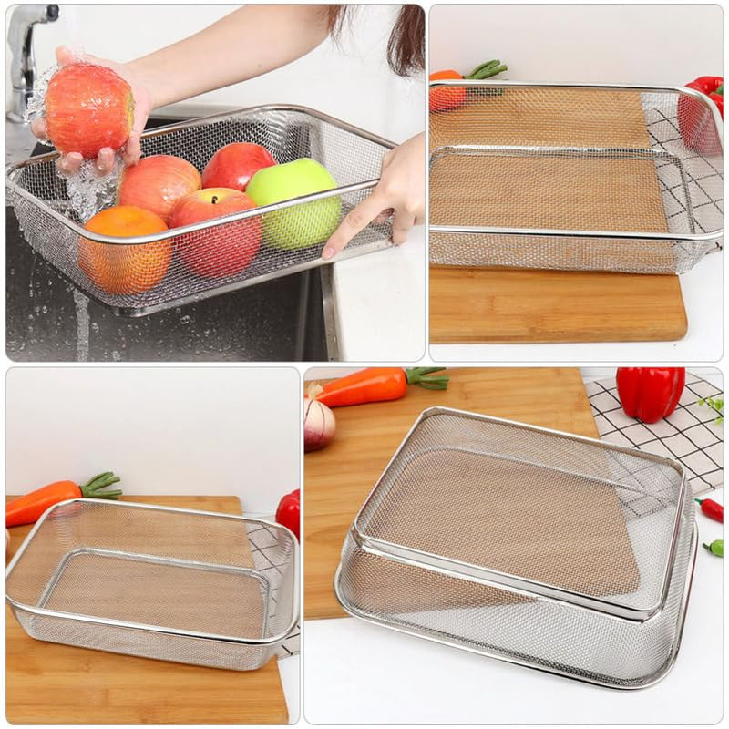 Cabilock Stainless Steel Drain Basket 13.38 X 9.84 X 3.14 Inch Fine Mesh Vegetable Fruit Strainer Kitchen Sink Colander for Food Rinsing and Draining