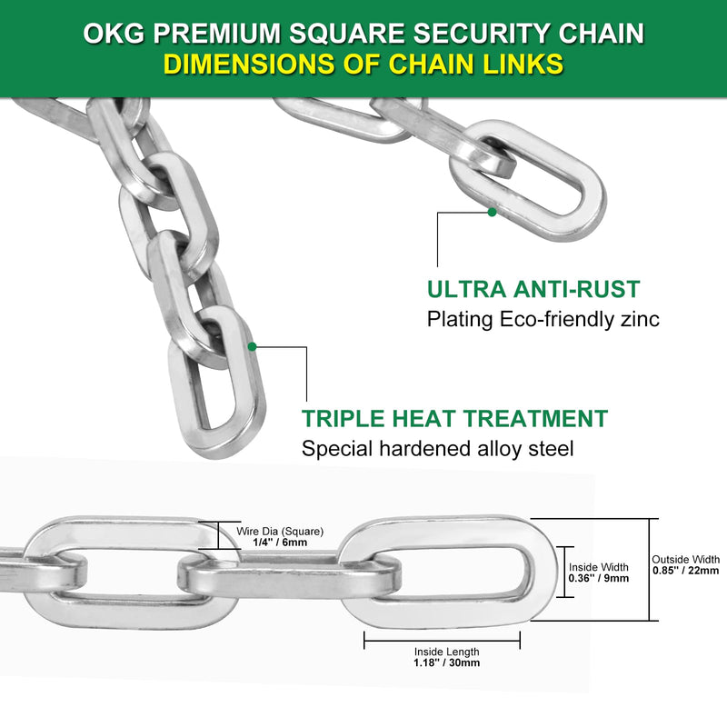 OKG Security Chain - 2ft x 1/4" Thick Outdoor Gate Chain, Cut Proof Chain Made of Hardened Alloy Steel Chain for Fences, Bicycles, Scooters, Pet Cages, Barn Door (Silver, No Lock)
