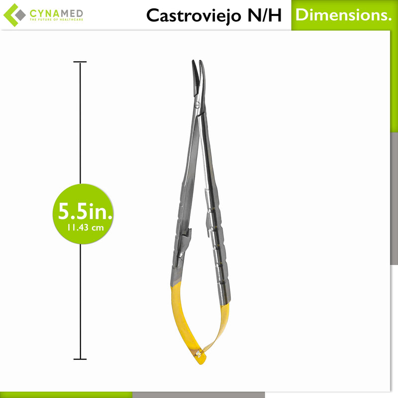 Cynamed TC Castroviejo Micro Needle/Suture Holder Driver with Tungsten Carbide Inserts and Gold Ends - Premium Grade Instrument (5.5 in. Curved Jaws) 5.5 in. Curved Jaws