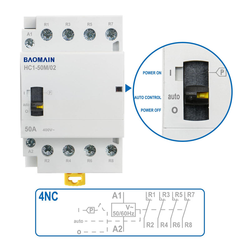 Baomain 110V AC 4-Pole Contactor, 50A 4NC Normally Closed, DIN Rail Mount - Manual & Automatic Switchable for HVAC, Motor, Pump, Lighting HC1-50M/04-110VAC 50 Amp. 110 VAC(Manual Control)