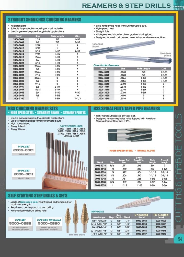 HHIP 2006-3016 1/4" High Speed Steel Straight Shank Chucking Reamer, 1-1/2" Flute Length, 6" Overall Length, 1/4" 1/4" - 6" OAL High Speed Steel - Fractional (HHIP)