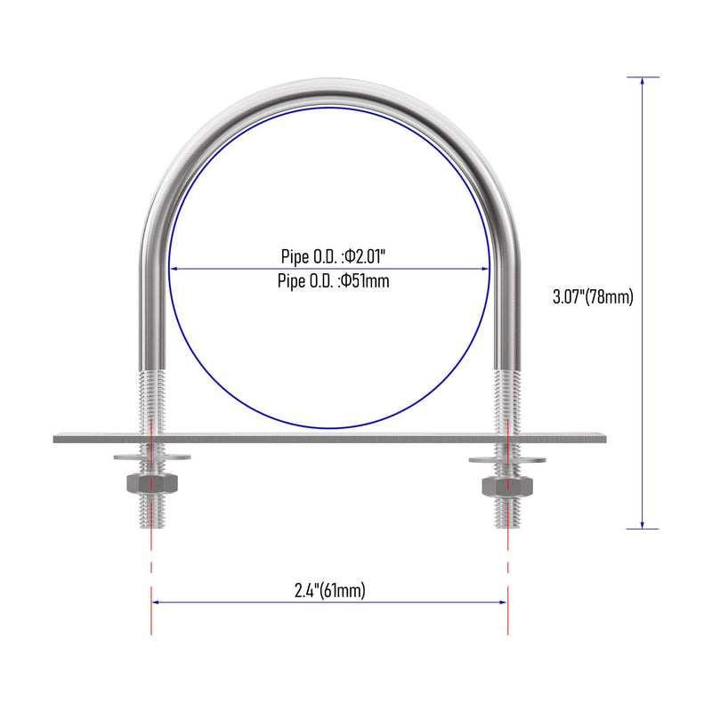 2 Sets 304 Stainless Steel Round Bend U-Bolts 2.01"(51mm) Inner Width 3.07"(78mm) Length M8 with Nuts, Frame Plate, Washers, Accessories for Boat Trailer Axle Sailboat Trailer 51×78mm(W*L)