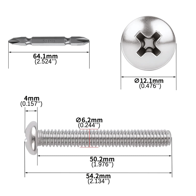 1/4-20x2 Phillips Pan Head Machine Screws 50pcs HS/JXLS-02 | 304 Stainless Steel, UNC Coarse Full Thread, Equipped with Phillips Bit, for DIY, for Repair, Install Furniture Screws 1/4-20x2"