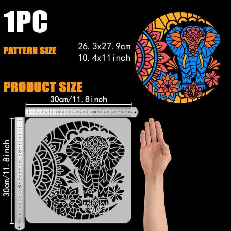 FINGERINSPIRE Moon Mandala Elephant Stencil 11.8x11.8inch Mandala Elephant Painting Stencil Moon Lotus Pattern Stencil Flower Moon Large Stencil Fantasy Theme Decor Template for Wall Tiles Floor