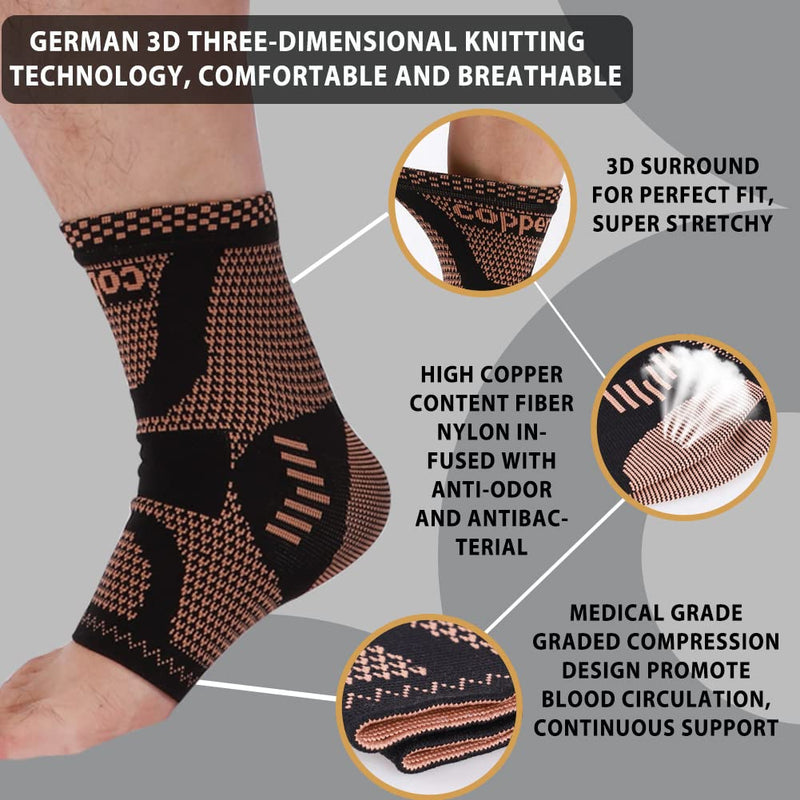 Copper Ankle Brace, Copper Infused Ankle Support Compression Sleeve for Men & Women, for Foot Pain Relief,Sprained Ankle, Achilles Tendonitis,Recovery, Daytime or Night Use(L) Yellow- black Large