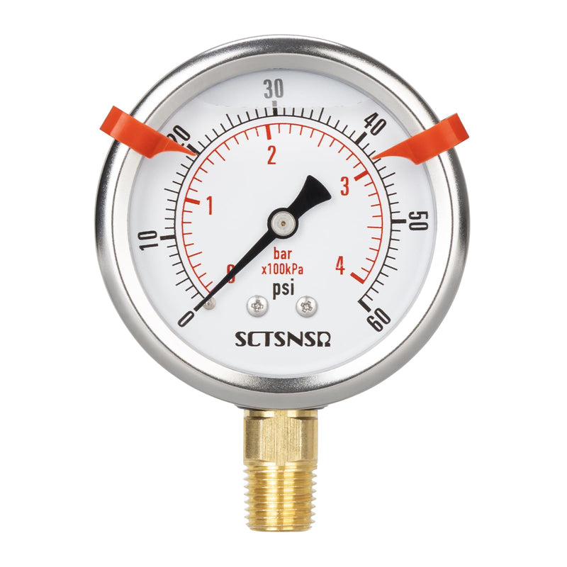 0 to 60 Psi Pressure Gauge, Glycerin Liquid Filled, 2.5 inch Dial, 1/4" NPT Lower Mount, Stainless Steel Case, for Pool Sand Filter, Water Pump, Propane, Coolant, CO2, Gas, Low Pressure Test 0-60 Psi