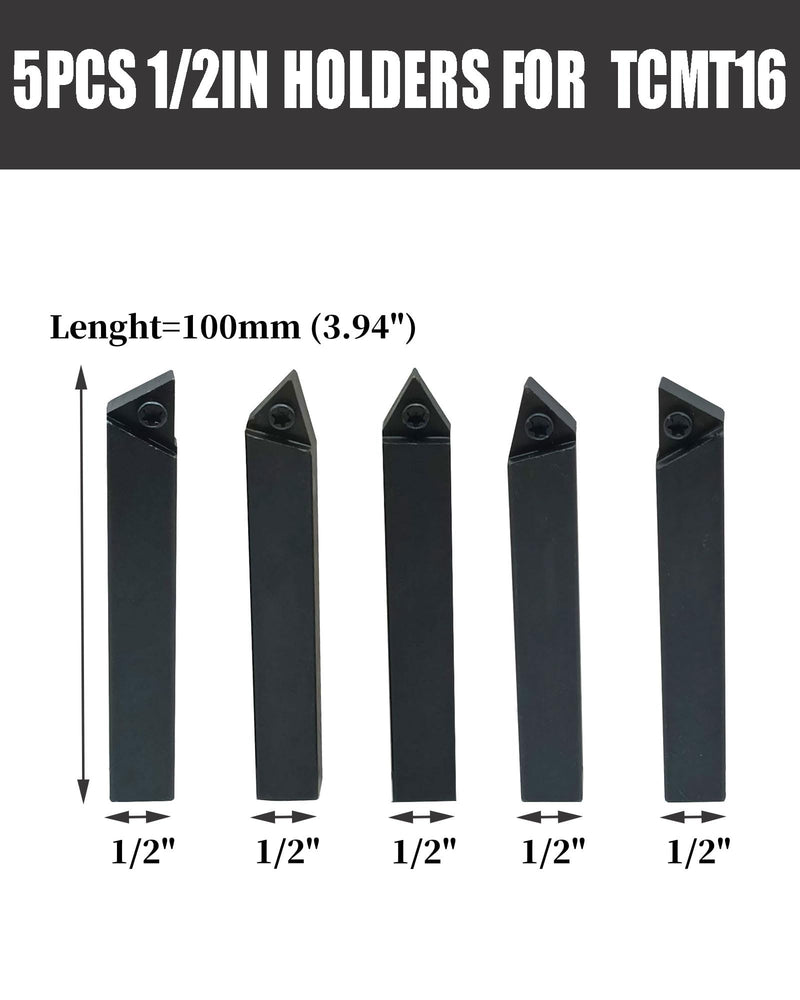 5pcs 1/2inch Shank Turning Tooling Bit Holder Set | 5 piece set with TCMT16T304 carbide inserts suitable for steel stainless iron and cast iron TCMT16T304+1/2" Holder