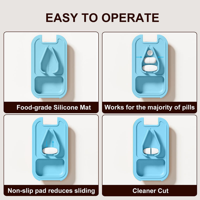 Pill Cutter | Best Cutter for Small or Large Pills |with Safety Lock Buckle Design in The USA| Cuts Vitamins | Pill Splitter Detachable Silicone pad Easy to wash with Crystal Pill Box (Grey) Azure