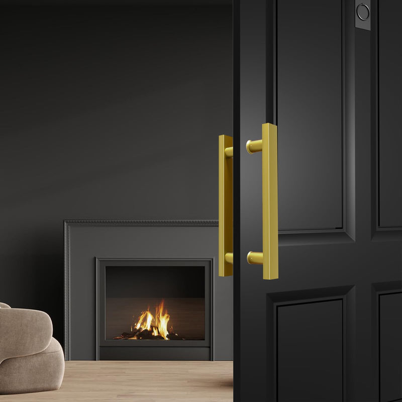 Titanium Gold Square Barn Door Handles 12"/16"/18"/24"/36"/48"/59'', Pull Push Long French Door Handle Double Sided, Large Front Exterior Shower Door Pull Handles 12inch / 30cm Brushed Gold