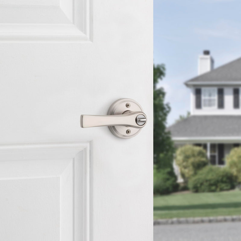 Kwikset Katella Entry Door Handle with Lock and Key, Secure Keyed Reversible Lever Exterior, For Front Entrance and Bedrooms, Satin Nickel, Pick Resistant Smartkey Rekey Security and Microban