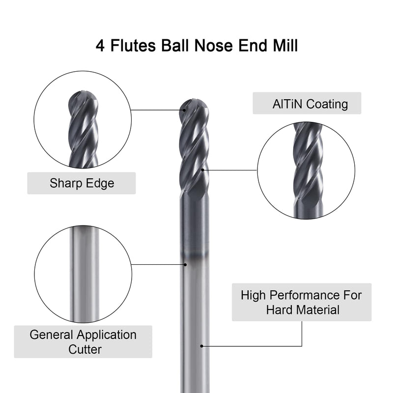 ISB 4Flutes Carbide Ball Nose end Mill - Micro Grain Carbide End Mill for Alloy Steels/Hardened Steels(5,1/8) 1/8 in 5