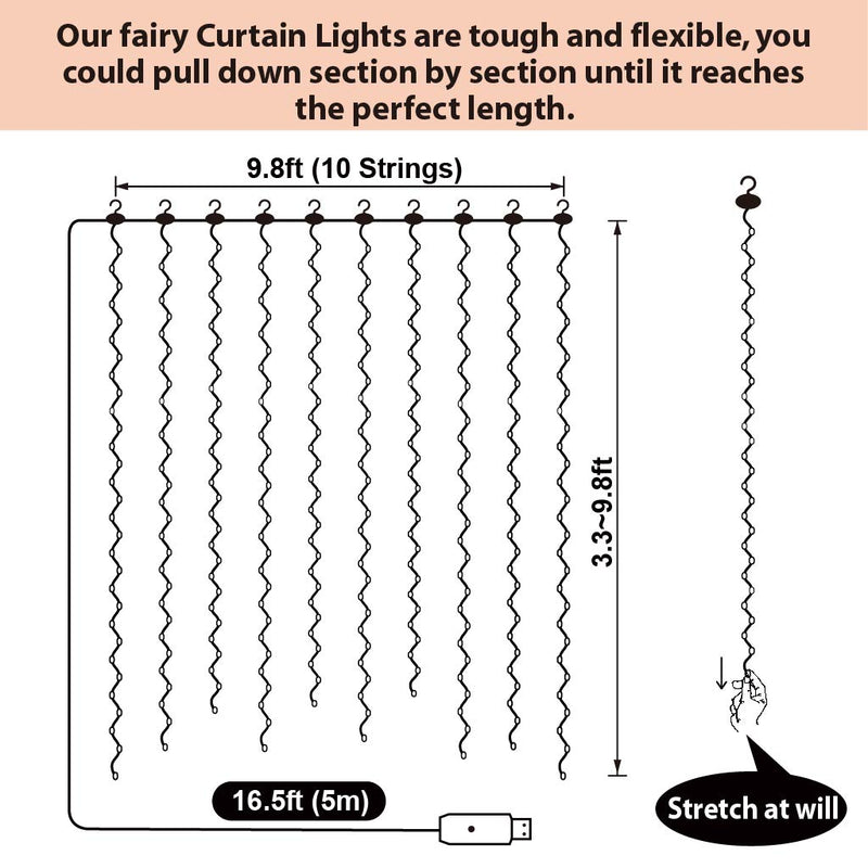 Warm White Curtain Light for Bedroom, 300 LED 9.8ft x 9.8ft Window Fairy Curtain String Light with 16 Hooks, 8 Models Remote Control for Wedding Party Home Garden Indoor Decorations Warm White 300L Silver Copper Wire