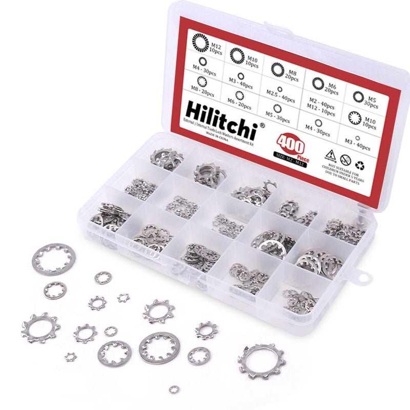 Hilitchi 400-Pcs [8-Size] 304 Stainless Steel External Internal Tooth Star Lock Washers Assortment Kit - Included: M2 M3 M4 M5 M6 M8 M10 M12 Internal + External