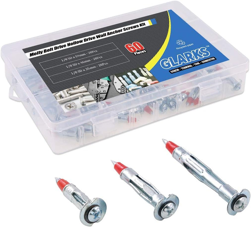 Glarks 60Pcs Heavy Duty 1/8 inch 35/46/59mm Zinc Plated Steel Molly Bolt Drive Hollow Drive Wall Anchor Screws Assortment Kit Molly Bolt Kit