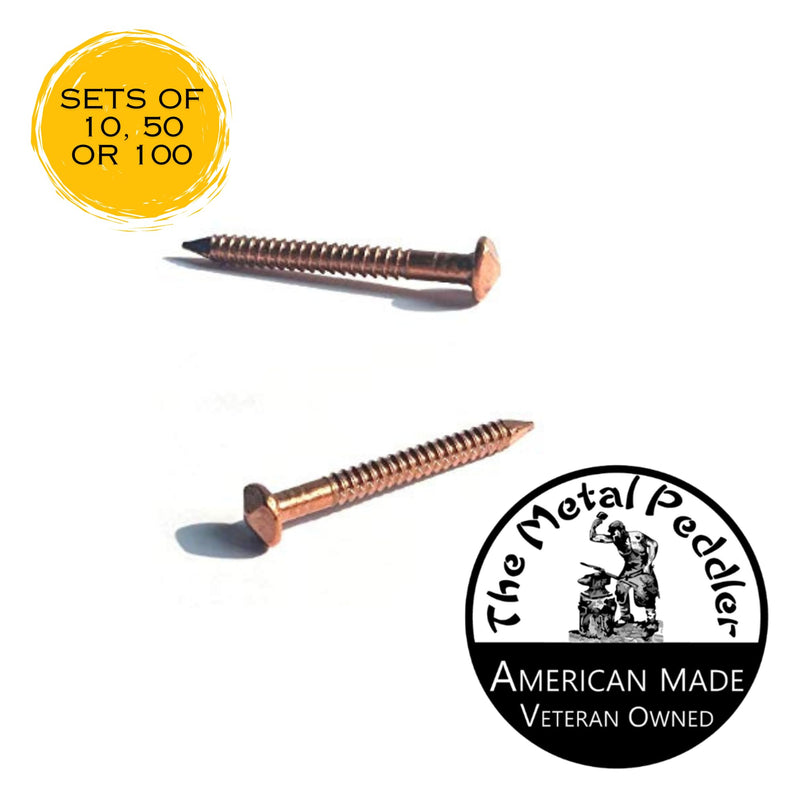 Pack of 100 Solid Copper Decorative Nails - 11 Gauge, 1.25" Long Threaded Shank. American Made.