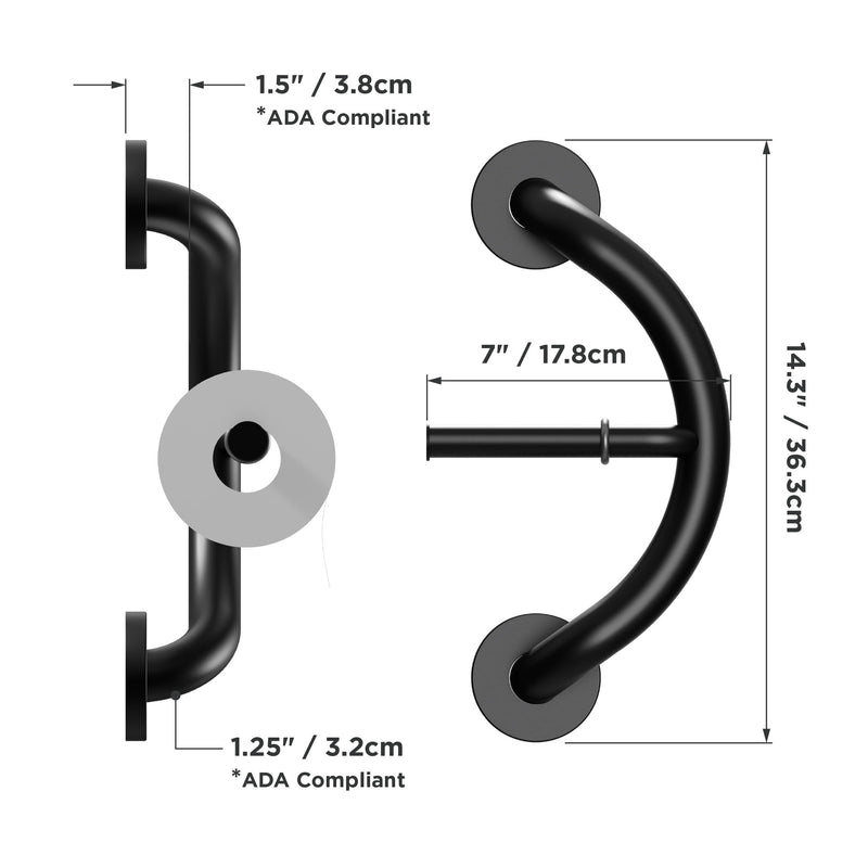 HEALTHCRAFT Plus Toilet Paper Holder & Grab Bar 14.3" - Matte Black, 500 Lbs