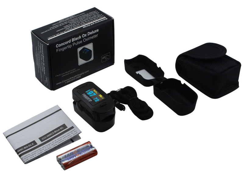 Concord Fingertip Deluxe OLED Pulse Oximeter with 6 way Reversible Display - Blood Oxygen Saturation Monitor with Carrying Case, Batteries and Lanyard - Easy to Use, Accurate SpO2 (Black Ox)