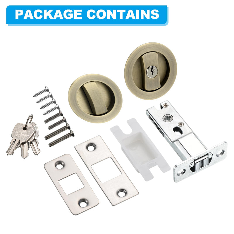 PATIKIL Round Recessed Door Lock with Keys, Pocket Door Lock Invisible Hardware Privacy Sliding Door Lock for Bathroom Bedroom Barn Door for 1-3/8" to 2" Thickness Door, Bronze