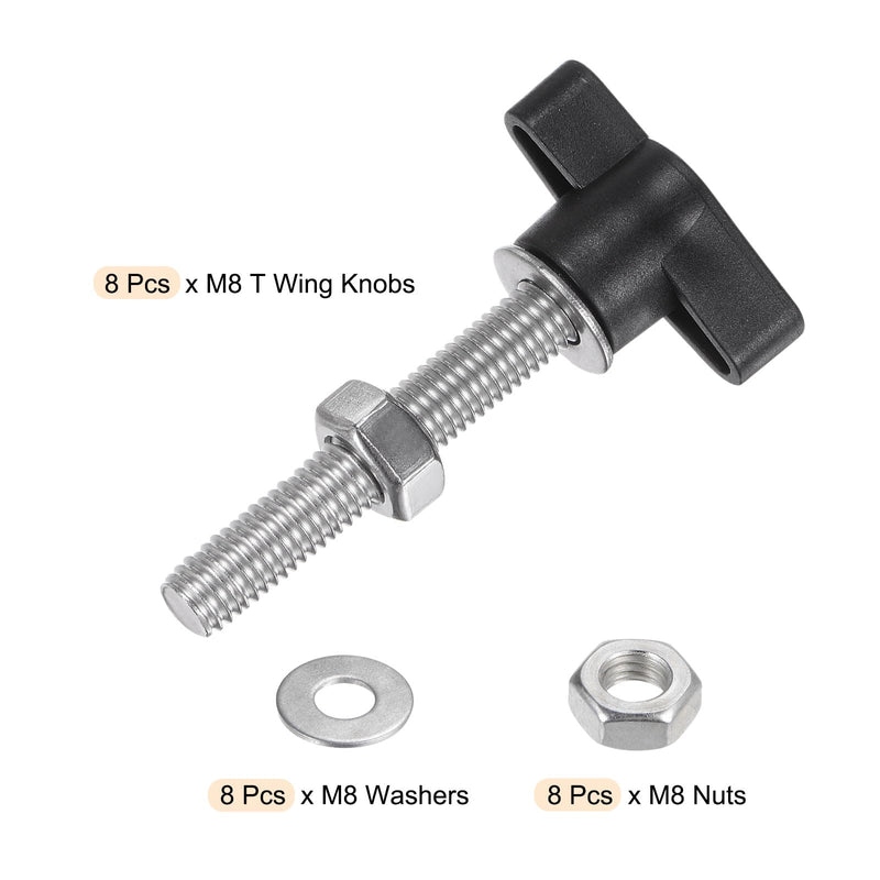 HARFINGTON 8pcs Tee Wing Knobs M8 x 50mm Metric 304 Stainless Steel Threaded Stud 36mm Z/T Head Plastic Handles Thumb Screws Hand Clamping Knob Grip Thumbscrew with Nuts Washers, Black