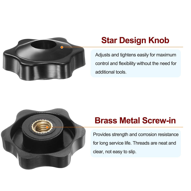 HARFINGTON 4pcs Star Knobs M6 Female Thread 32mm Head Plastic Through Hole Brass Screw-in Clamping Handles Threaded Hand Knobs, Black M6 x 32mm