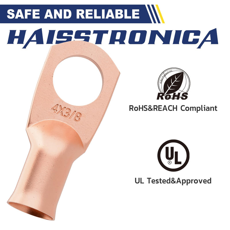 haisstronica 10pcs 4 AWG - 3/8" (M10) Battery Cable Lugs, Heavy Duty Copper Wire Lugs with 10pcs 3:1 Adhesive Heat Shrink Tubing, 4 Gauge Wire Connectors Battery Terminal Connector, Battery Cable Ends 4 AWG- 3/8" (M10) Ring Bare Copper