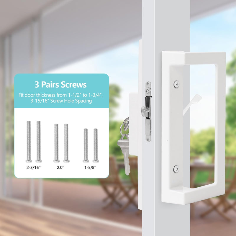 Sliding Patio Door Handle Set with Key Cylinder and Mortise Lock,Sliding Glass Door Handle with Lock Fits Door thicknesse is 1-3/4'' to 2-1/5'' and 3-15/16'' Screw Hole Spacing. Handles With Key Cylinder