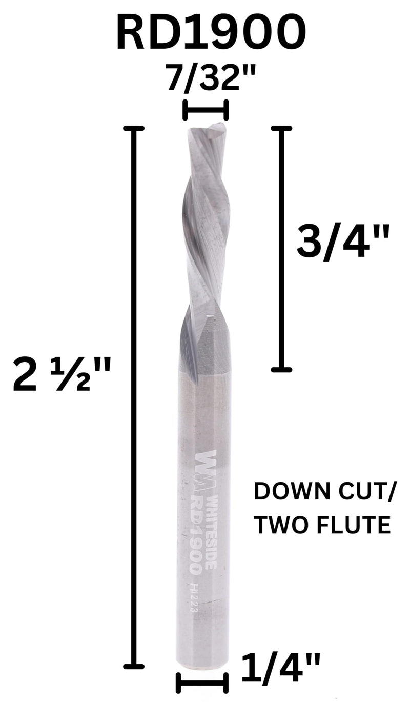 Whiteside RD1900 Spiral Downcut Straight Router Bit: 7/32 Inch Cutting Diameter, 1/4 Inch Shank, 3/4 Inch Cutting Length