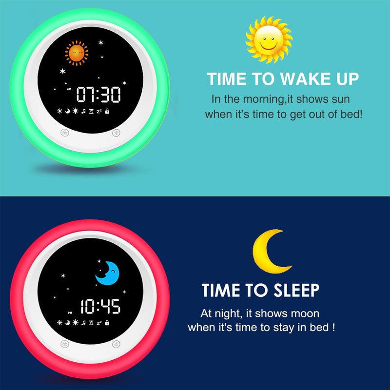 I.CODE Sun & Moon Rise Kids Alarm Clock, Children's Sleep Trainer ,Sleep Sound Machine, Wake Up Light & Night Light ,Teach Kids Day & Night