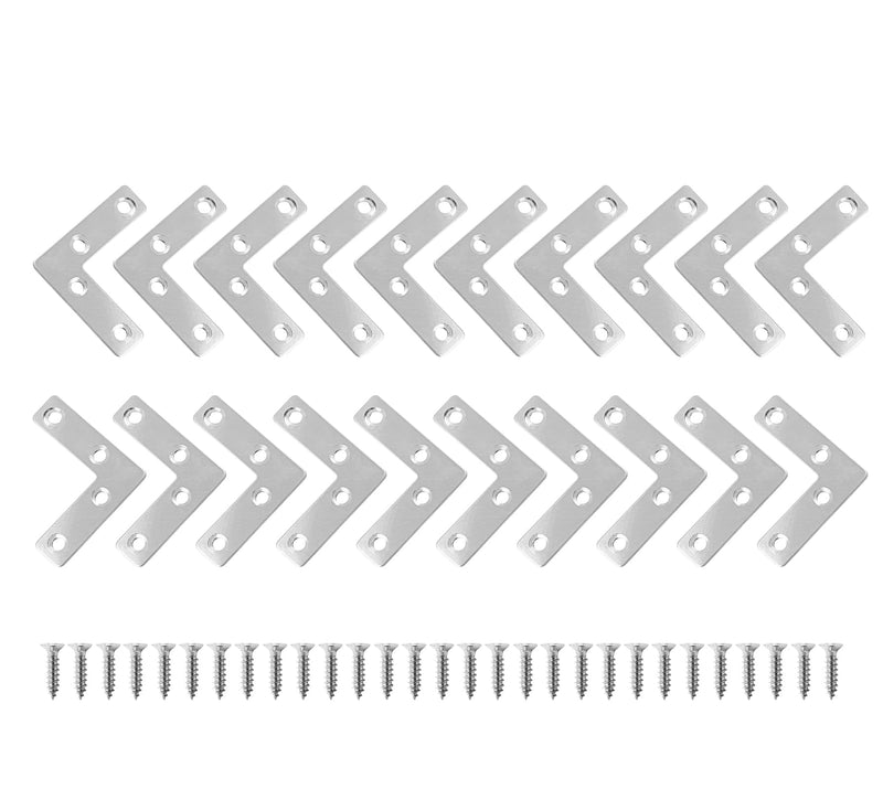 Uenhoy 20 Pcs L Shape Flat Mending Plates 50mm x 50mm (2" x 2") Flat Corner Braces, Right Angle Photo Frame Bracket, Silver 50x50mm/2"x2"