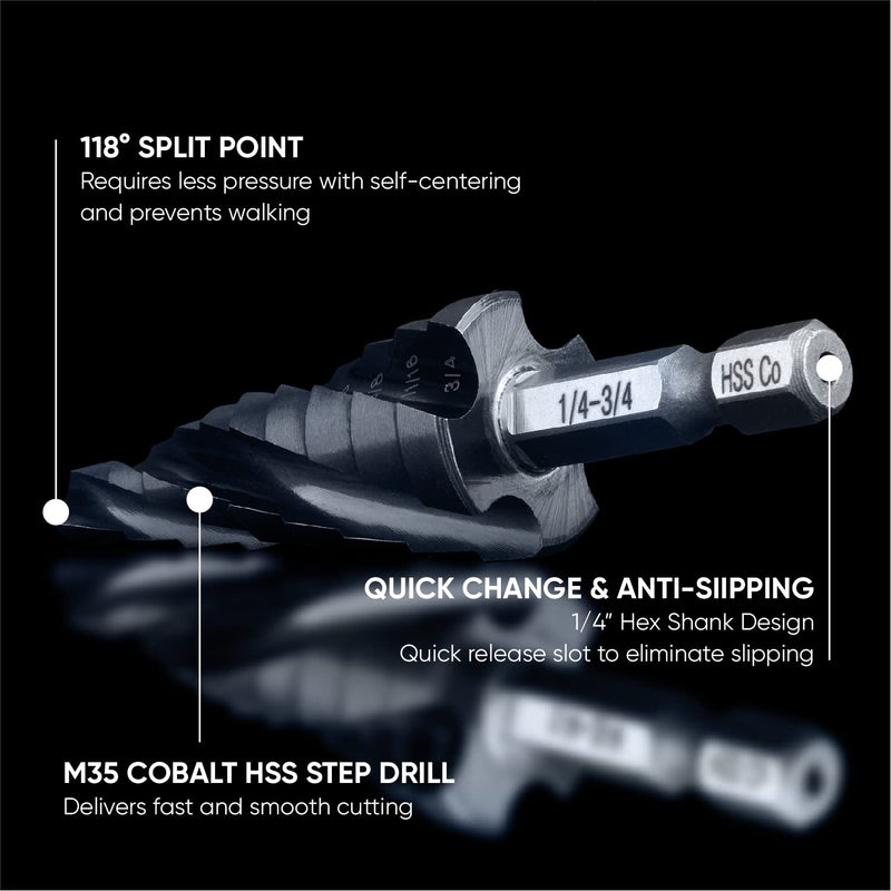 toolant Four Spiral Flute Cobalt Step Drill Bit(Pro), 1/4"-3/4" Impact Ready Unibit Step Drill Bit, 1/4" Hex Shank Step Bits for Metal, Stainless Steel, Aluminum, Plastic 1/4" - 3/4"