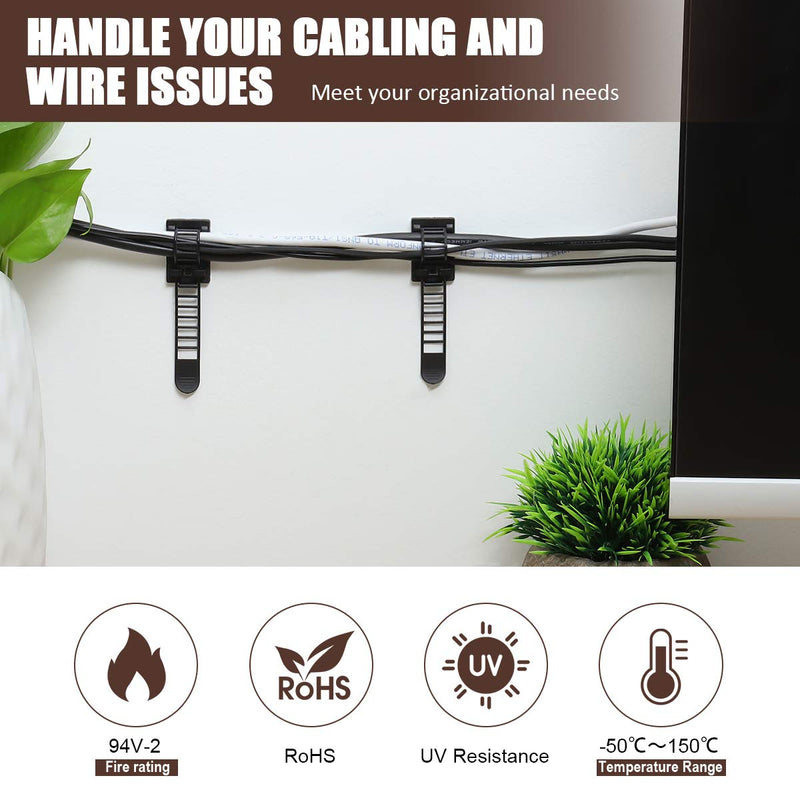 50Pcs Adjustable Adhesive Cable Management Clips, Nylon Cable Strap Ties Wire Clips Clamps Organizer with Strong Adhesive Tape, Extra Screw & Hole for Strong Fixation Home Office - 3.35 Inch Black M-50pcs