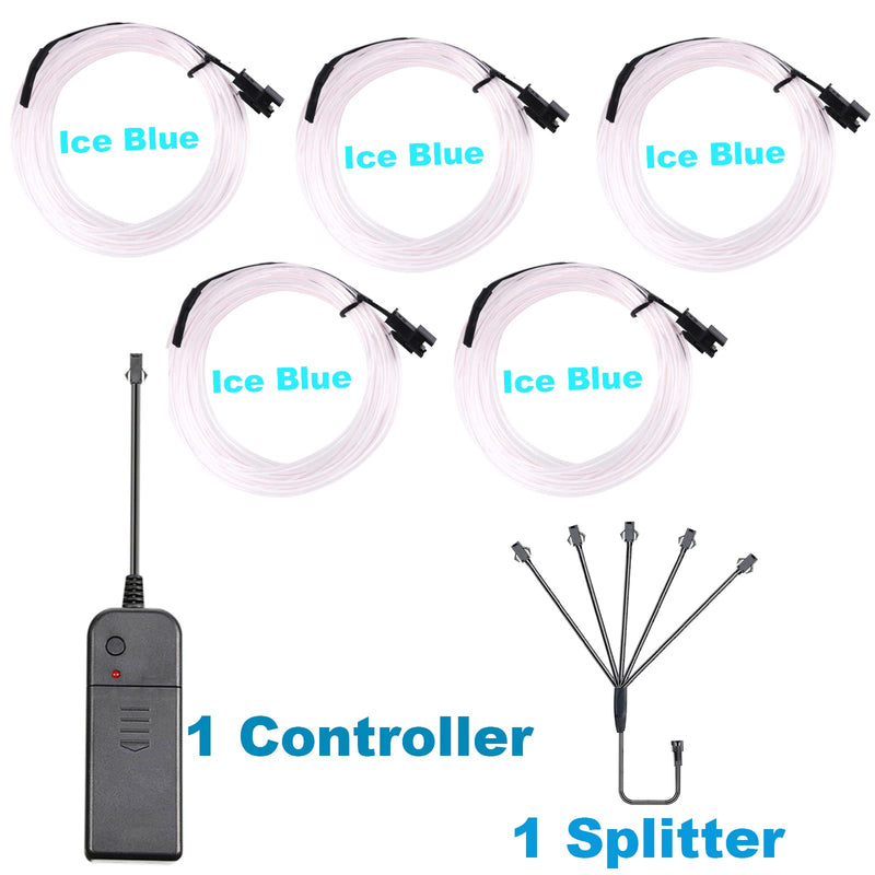 EL Wire-5 in 1 Meter Portable Neon Rope Lights Strip-Wearable Battery Pack Body Lights-360°Illumination-Super Bright-Cuttable-DIY Halloween Christmas Festival Party Game Room Cosplay Costume(Ice Blue Ice Blue 5in1