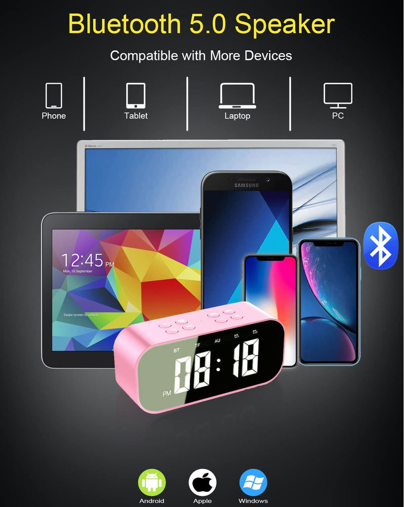 AFK Alarm Clock with Bluetooth Speaker for Bedroom,Small Digital Clock with Dual Alarms,Snooze,Mirror LED Display for Girls,Adults. Pink