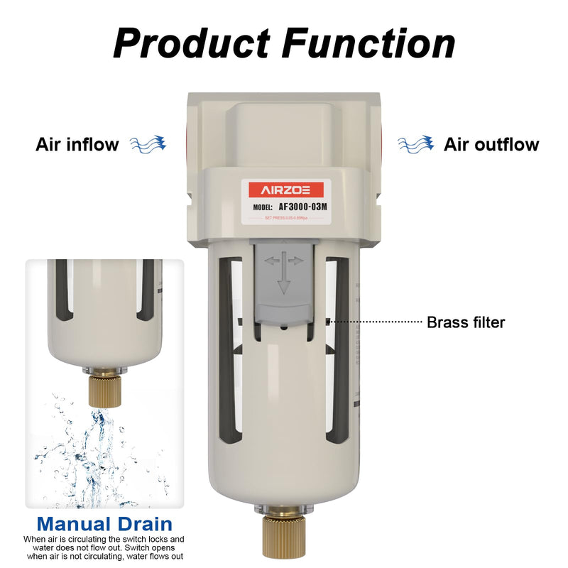 3/8" NPT Air Dryer for Compressor - Air Compressor Water Separator AF3000-03, Manual Drain,5 Micron Brass Element, Poly Bowl, 0-150 psi Gauge 3/8" NPT