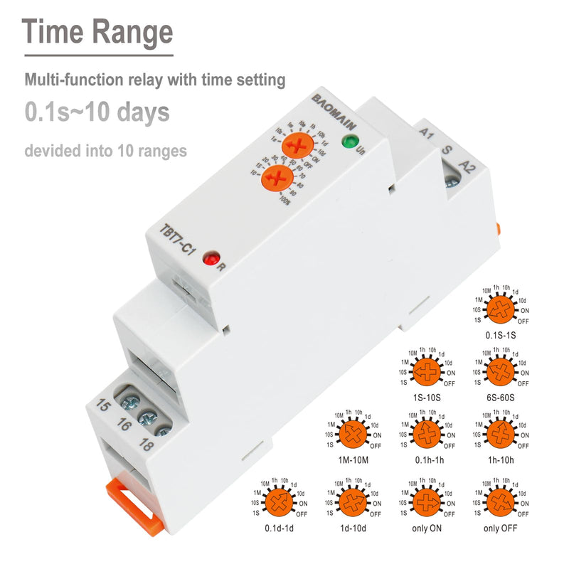 Baomain Multi-Function Time Relay, 16A Delay Off SPDT, DIN Rail Mounting Timer Relay TBT7-C1 (1-SPDT, 12-240VAC/DC)