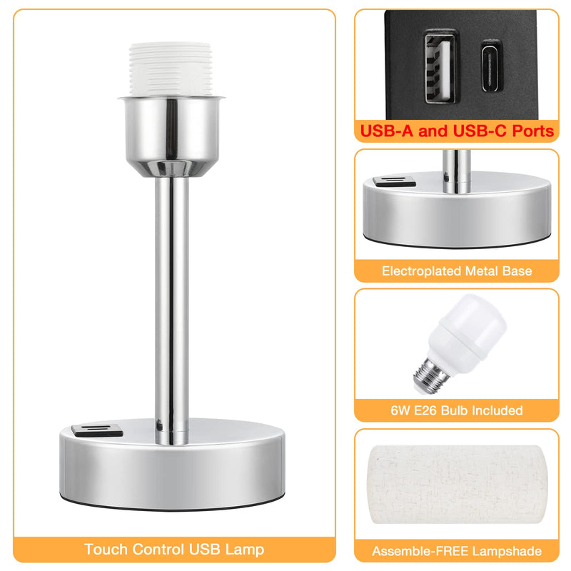Touch Table Lamp for Bedroom Nightstand - Bedside Lamp with USB-C USB-A Charging Ports White, 3 Way Dimmable Small Lamp Fabric Shade Silver Base for Bedroom, Dorm Room, Office, Living Room, Reading 14in Cream
