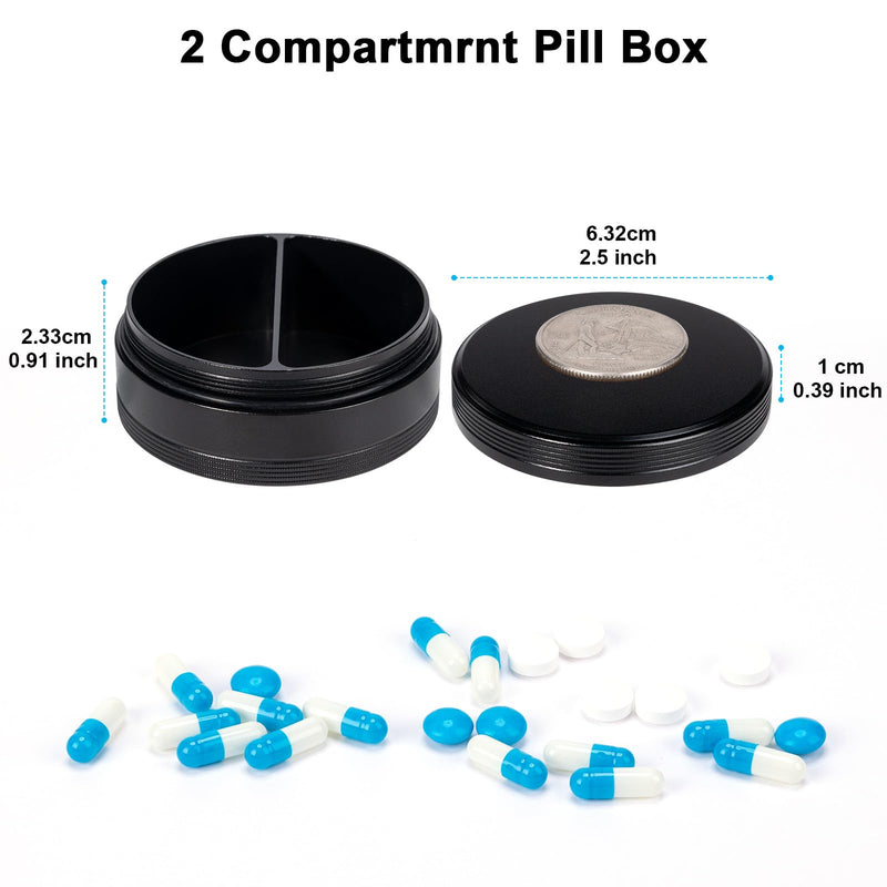 2 Compartment Metal Pill Box - Waterproof Aluminium Travel Pill Case Daily Purse Pocket Medicine Container, Portable Pill Organizer Holder for Medication, Vitamins, Fish Oils Black 2 compartment