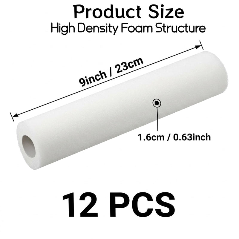 12 Pcs 9 Inch Foam Paint Roller, High Density Foam Paint Roller Covers, White, for Interior Surface Coating, Home Renovation Projects, Smooth Finish Application, Flat Area Refinishing
