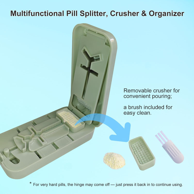 Pill Cutter for Cutting Multiple Pills, Pill Cutter for Large, Small and Tiny Pills 1/2 1/3 1/4, with Centering Device, Crusher, Brush and Storage Box 1/3 Green