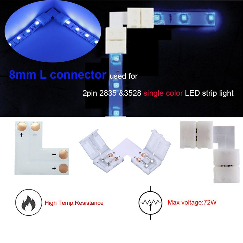 2Pin 8mm LED Strip Connector Kit Include L Shape 2 Pin Right Angle Corner Connector, T Shape Connector, Solderless Gapless Connector, Strip to Strip Jumper Wires for 2Pin 8mm 3528/2835 LED Strip