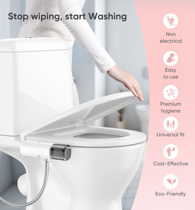 Ultra-Slim Bidet Attachment, Posterior&Feminine Wash-(Retractable Dual Nozzles), Non-Electric Bidet Attachment for Toilet Seat, Adjustable Fresh Cold Water Pressure, Stainless Steel Inlet (DarkGray) DarkGray