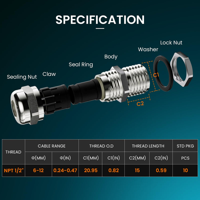 QILIPSU 4pcs 1/2" NPT 304 Stainless Steel Cable Glands, Extended Thread IP68 Strain Relief Waterproof Cord Connector Grommet, Wire Pass Through Grip 4