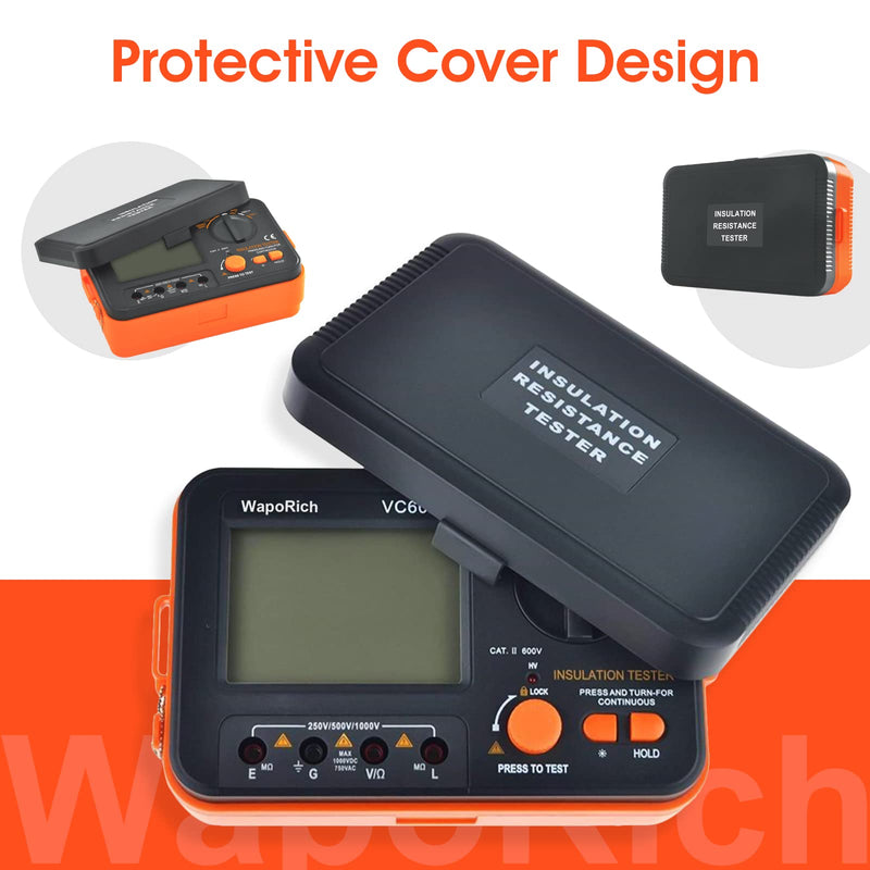 Megohmmeter Insulation Resistance Tester, 1999 Counts Megaohm Meter 200MΩ~2K Megohm Megger with DC250/500/1000V AC750V Testing Voltage, Digital Multimeter Measure with Data Hold Backlit RQ-US-T6-VC60B