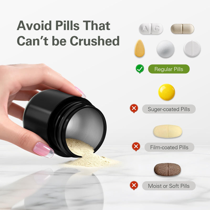 DEPAD Pill Crusher Stainless Steel, Pill Crusher Fine Powder, Pill Crushers for Elderly and Pets, Pill Grinder Fine Powder with Brush, Twist-to-Grind Black