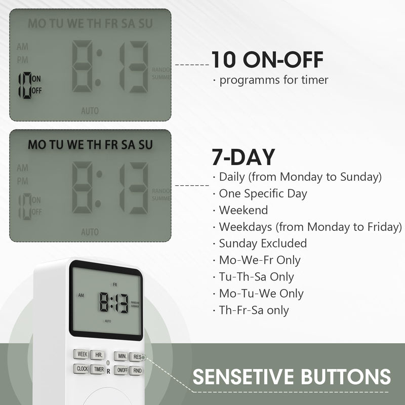 Plug in Digital Oulet Timer Switch 7 Day / 24 Hour Weekly Daily Programmable with Random Security Mode for Home Appliances and Indoor(125V,15A,1875W)