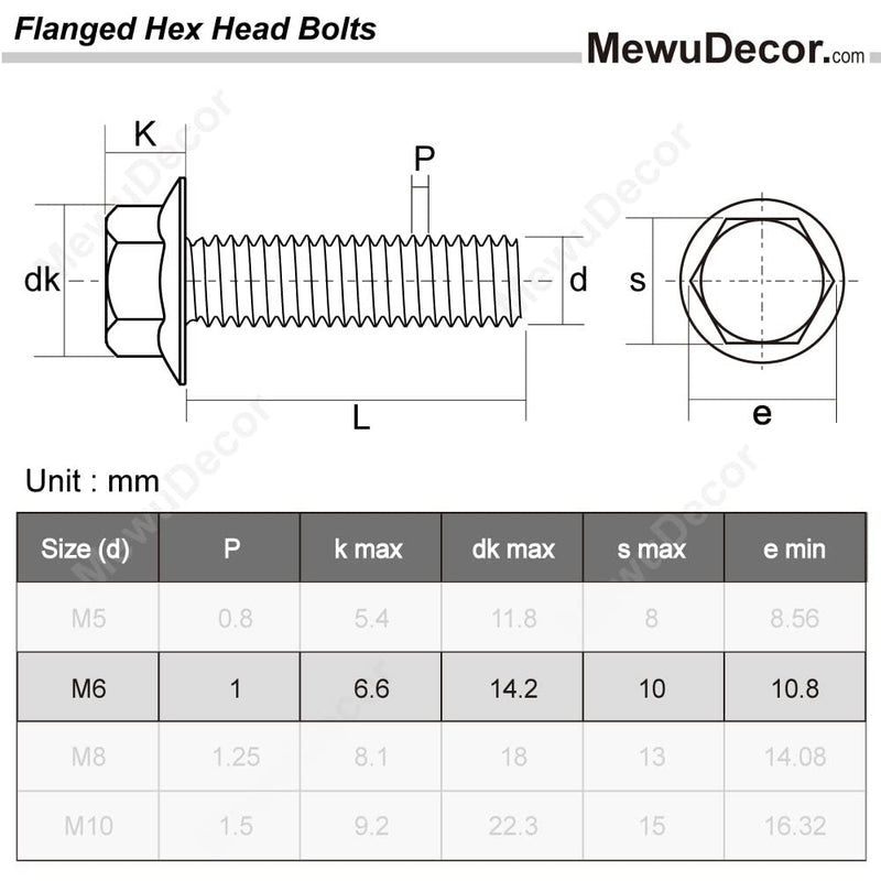 M6 x 16mm Flanged Hex Head Bolts Flange Hexagon Screws, Stainless Steel 18-8 (304), Plain Finish, 50 PCS M6 x 16mm