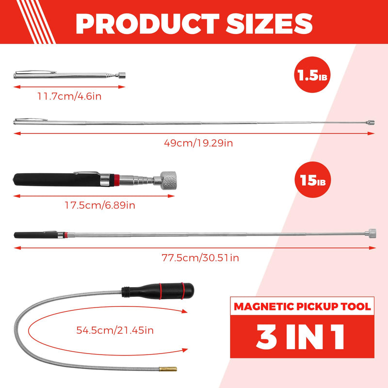3 Pack Magnetic Pickup Tool- Extendable Magnet, Telescopic Magnetic Pick-up Tool, Bendable Flexible Magnetic Pickup Tool