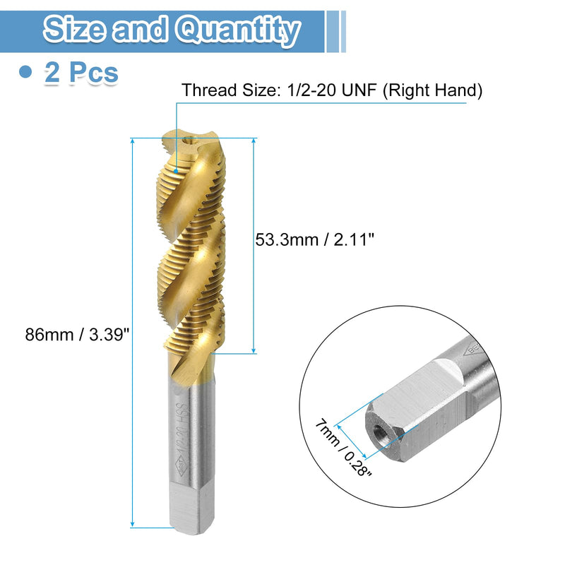 uxcell 2pcs Spiral Flute Thread Taps, 1/2-20 UNF H2 Screw Threading Tap, Titanium Coated 6542 High Speed Steel Machine Tapping Tools for Machinist Repair