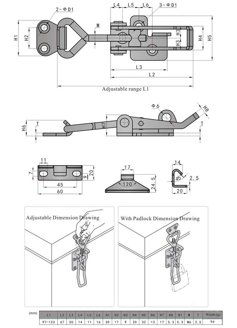 4 Pack Adjustable Buckle Cabinet Boxes Lever Handle Toggle Catch Latch Lock (2S-4,Range:97-123mm) 2S-4,Range:97-123mm